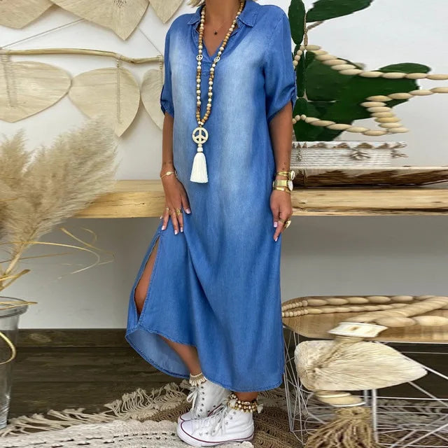 Daniela | Langes Kleid im Jeans-Look mit Seitenschlitz
