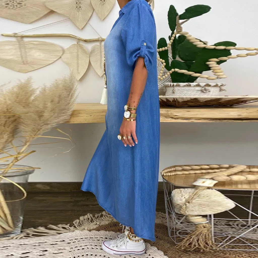 Daniela | Langes Kleid im Jeans-Look mit Seitenschlitz