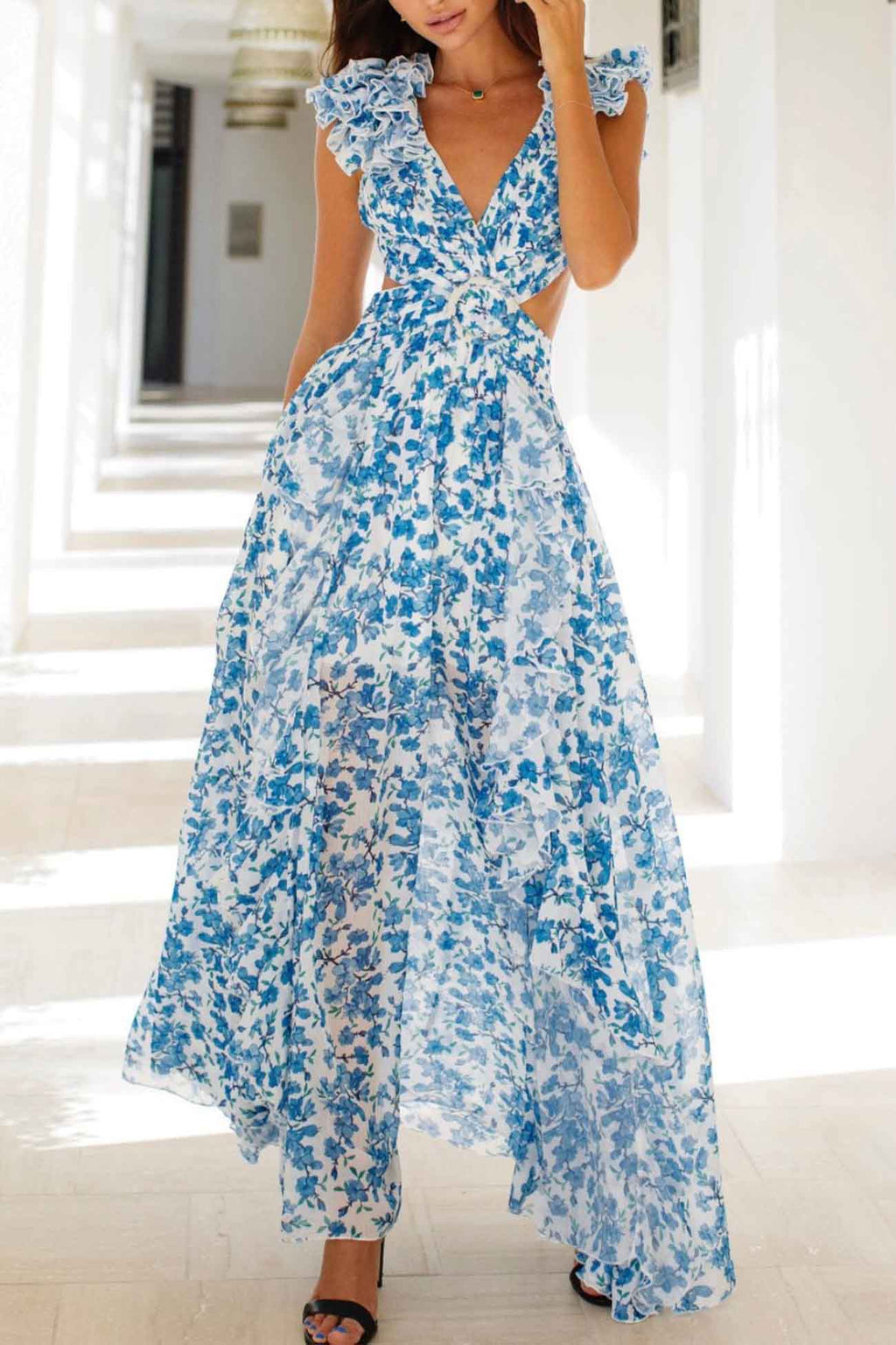 Grace | Rüschensleeve Cut-Out Maxikleid