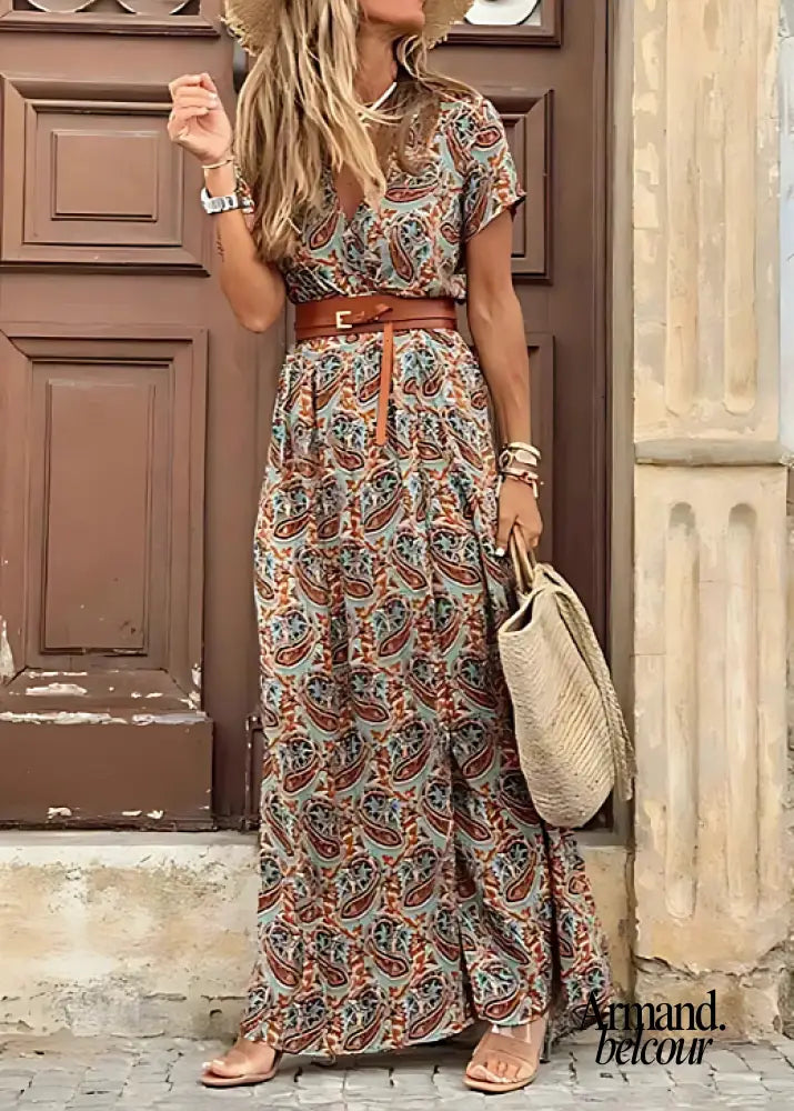 Emi | Vestido largo vaporoso con cinturón a juego Marrón / XS