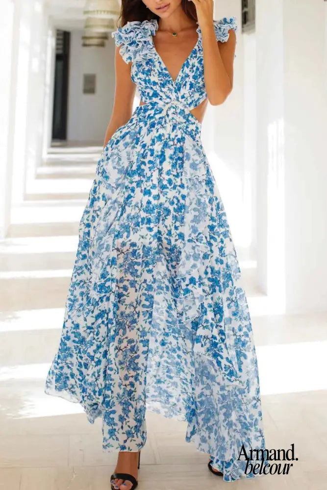 Grace | Vestido largo con aberturas en las mangas y volantes Azul / S Maxi Dresses