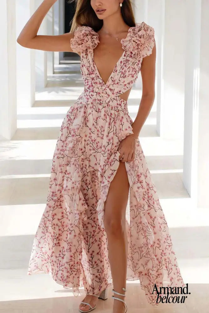 Grace | Vestido largo con aberturas en las mangas y volantes Rosa / S Maxi Dresses