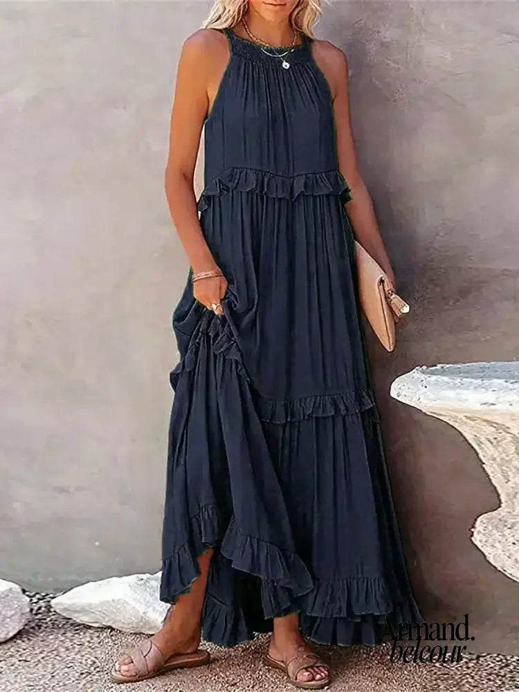 Lou | Elegante vestido sin mangas con volantes. Azul Oscuro / S Maxi Dresses