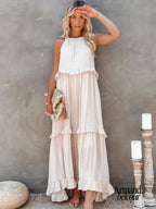 Lou | Elegante vestido sin mangas con volantes. Beige / S Maxi Dresses