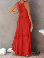 Lou | Elegante vestido sin mangas con volantes. Rojo / S Maxi Dresses