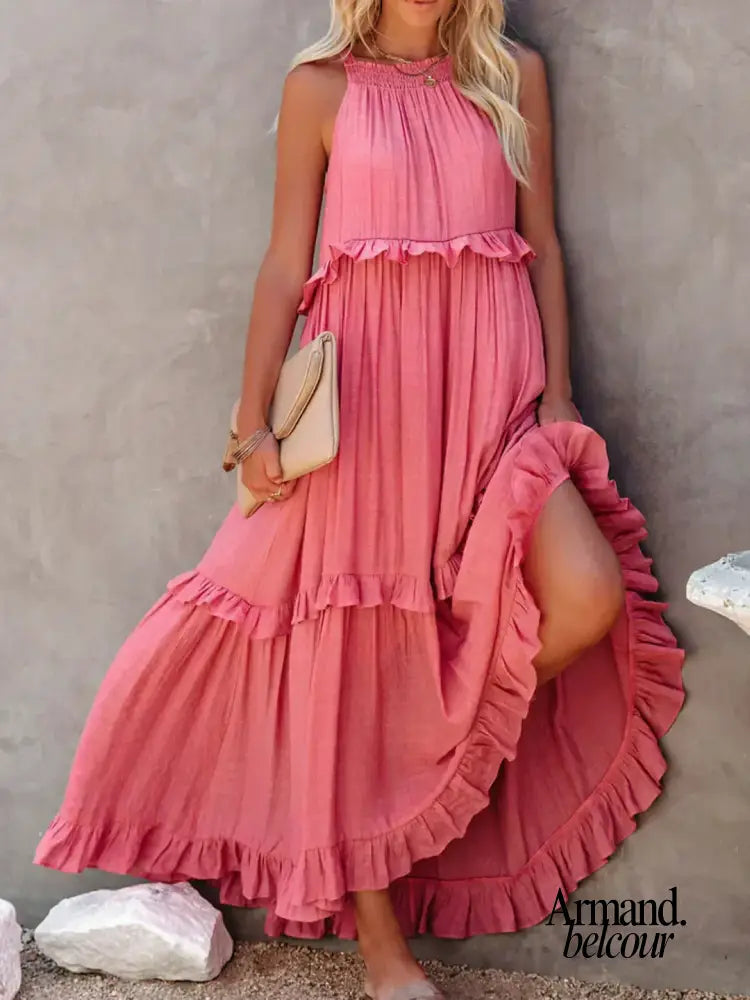 Lou | Elegante vestido sin mangas con volantes. Rosa / S Maxi Dresses