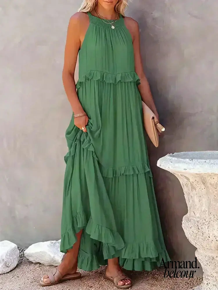 Lou | Elegante vestido sin mangas con volantes. Verde / S Maxi Dresses