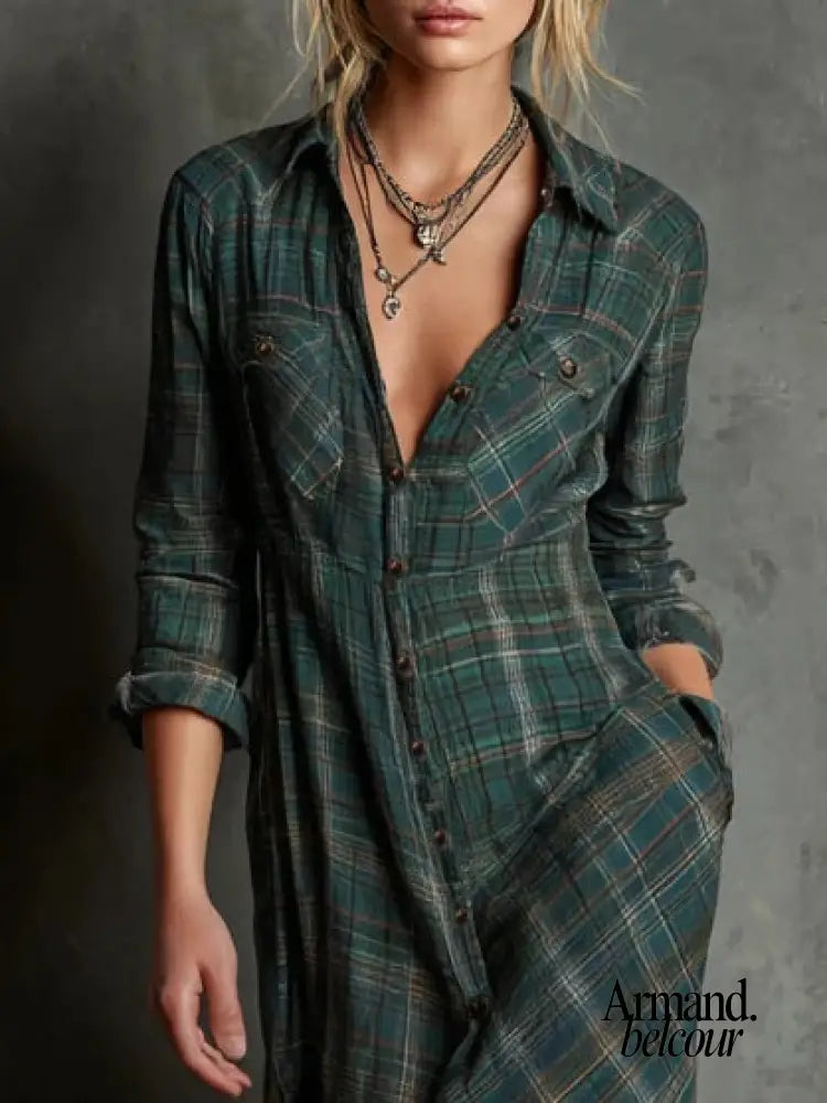 Perla | Vestido largo con solapas de cuadros verdes