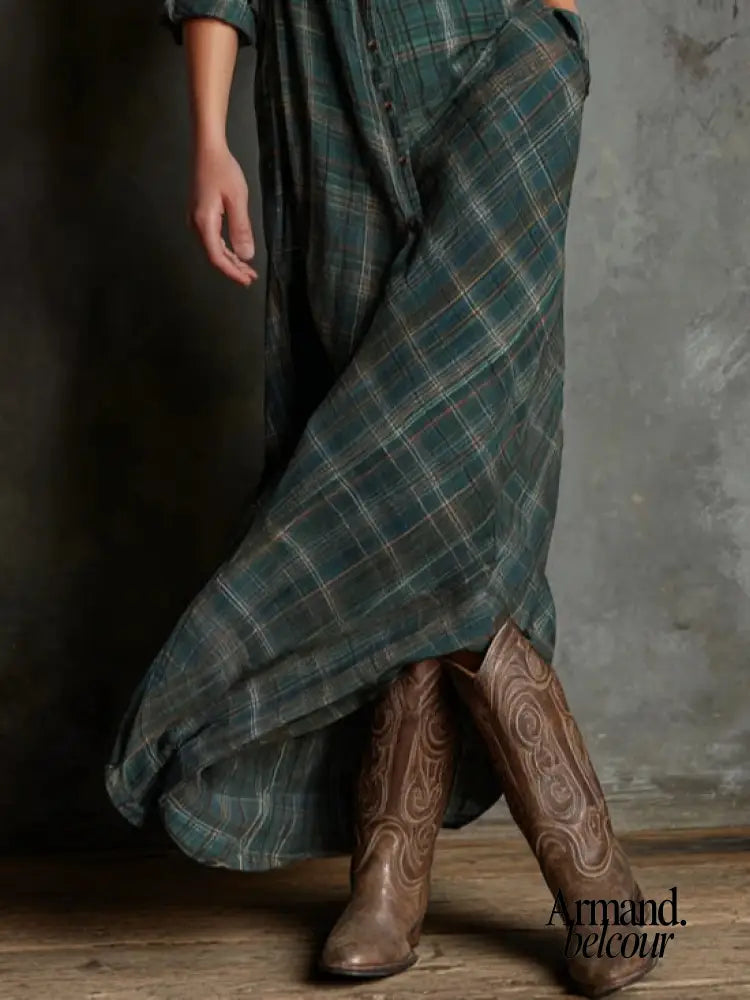 Perla | Vestido largo con solapas de cuadros verdes