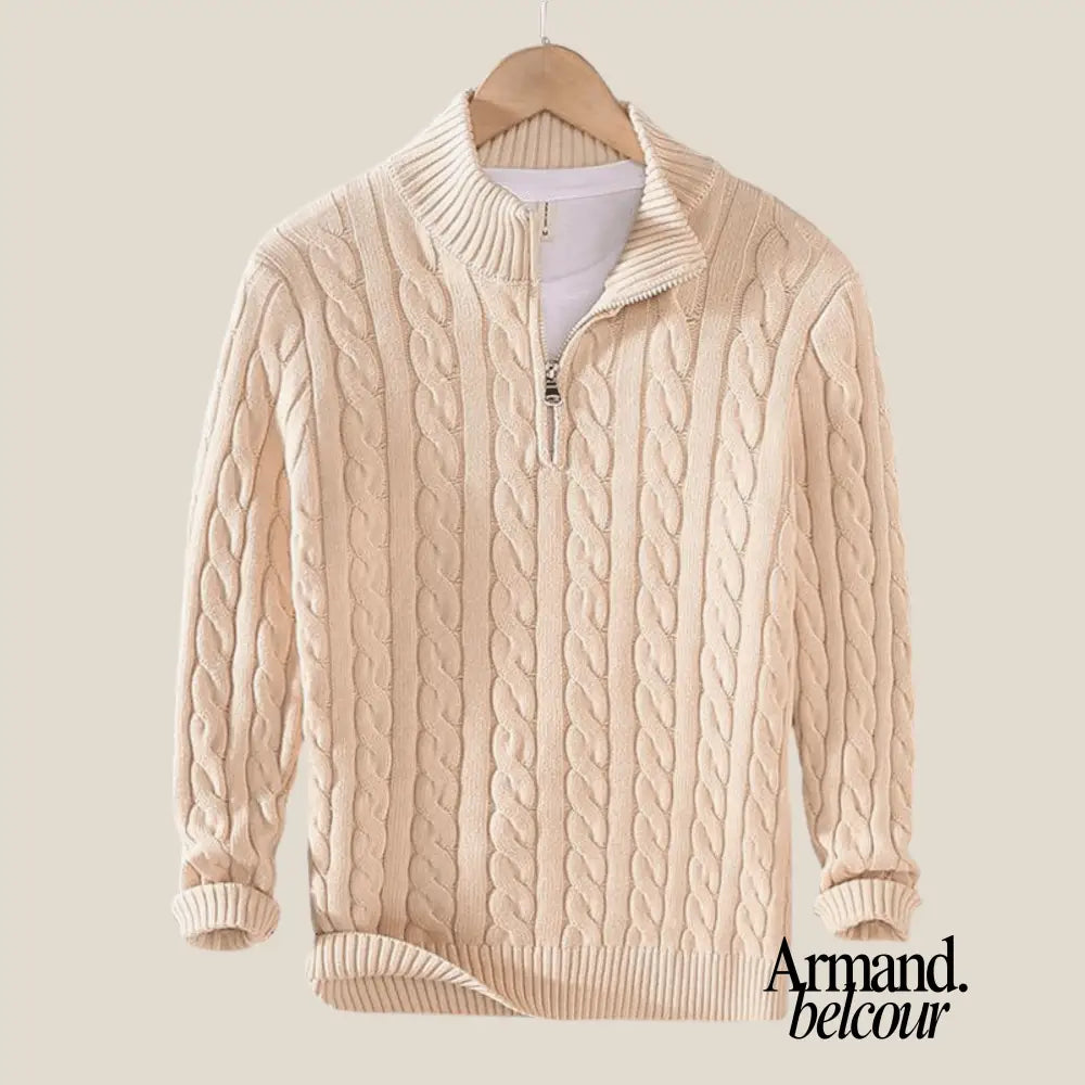 Taebaek | Suéter con cremallera de punto cableado – elegante suéter de punto con patrón de cable beige / S